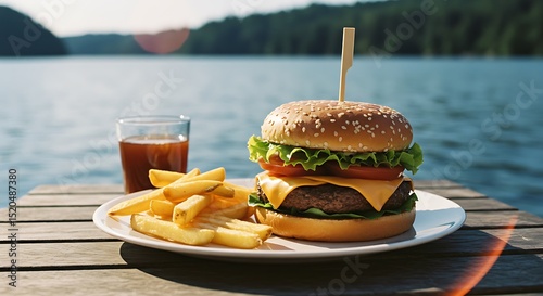 Lakeside Lunch: Juicy Burger, Fries, and Drink