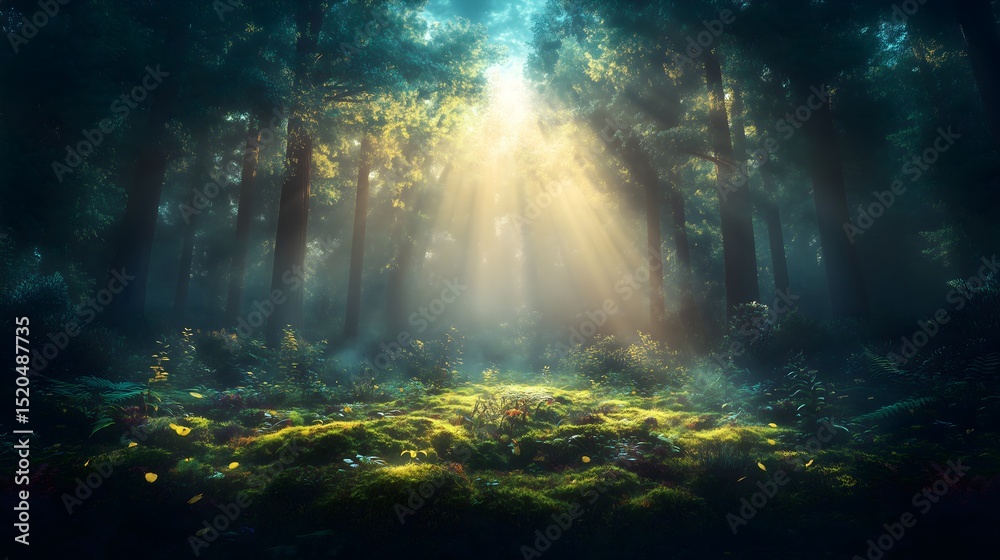 Fototapeta premium Mist drifts through a redwood forest at dawn illuminated by gentle golden light