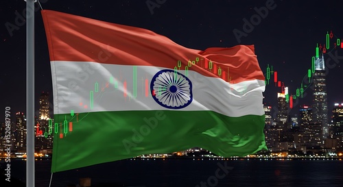 Indian Flag with Stock Market Chart Overlay at Night