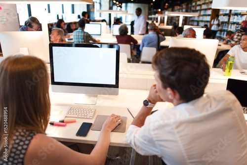 Εκτύπωση καμβά Modern library with diverse people working on computers