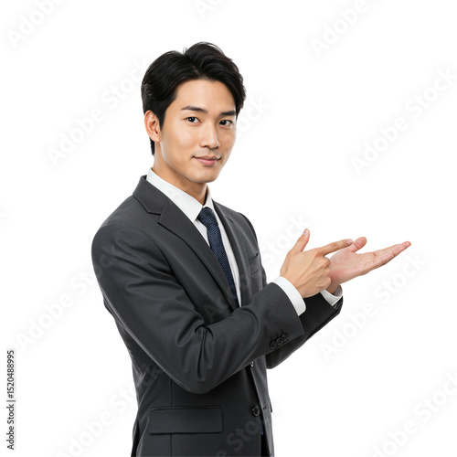 Young Asian businessman in a dark suit presenting something with hand gestures. Confident Korean Japanese Chinese male professional pointing and displaying, isolated on transparent background.