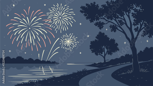 Fireworks over water with trees and stars in the night sky creating a festive atmosphere in nature