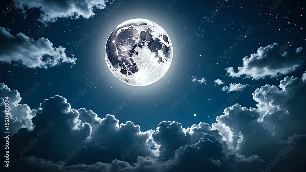Fototapeta premium Bright full moon illuminating the night sky surrounded by dramatic clouds and scattered stars creating a peaceful celestial scene. Night sky concept