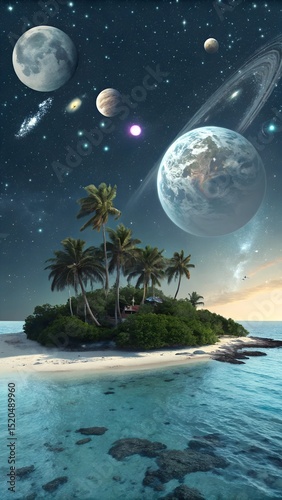 Island paradise in space glowing planets and palm trees on ocean shore ideal for social media sports content or phone wallpapers laralara for creating ads news