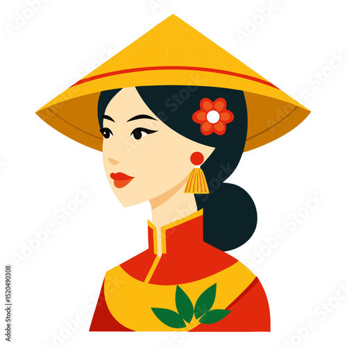 Vietnamese Woman Portrait in Traditional Áo Dài with Nón Lá Conical Hat – Flat Vector Illustration, Transparent Background