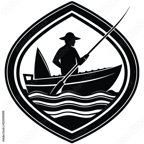 Fisherman in a boat on the water black and white illustration.