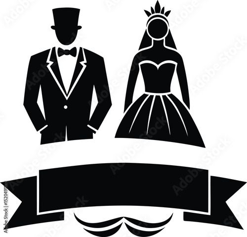 Black and white wedding couple icon with banner and mustache decoration.
