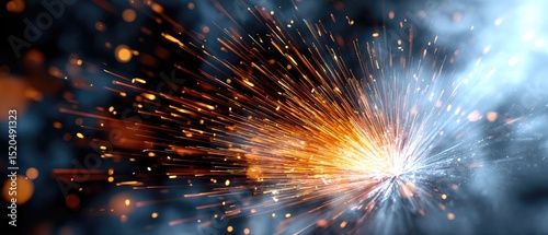 Bright orange and white sparks fly outward against a dark background, creating a dynamic and energetic visual effect.