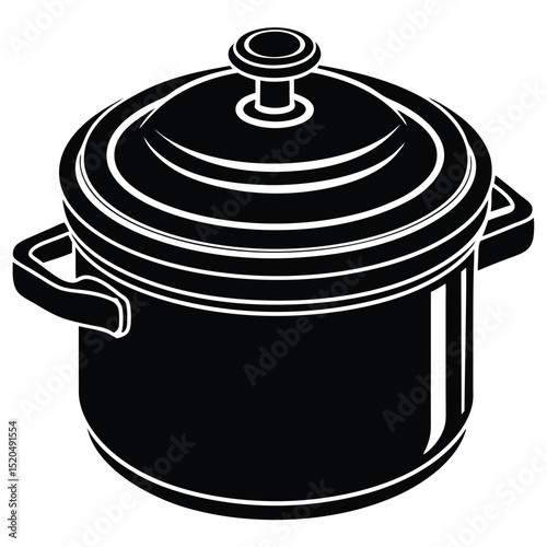 Black and white graphic illustration of covered cooking pot silhouette.