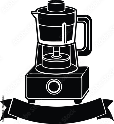 Black and white food processor icon with ribbon banner design element.