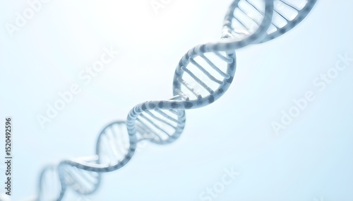 A long, twisting DNA strand appears prominently against a soft blue background, illustrating the complex structure of genetic material.