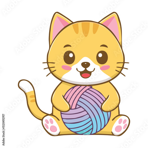 A cheerful cartoon cat cuddling a colorful ball of yarn
