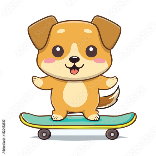 A cute cartoon puppy skateboarding with a happy expression. The puppy stands confidently on the board, showing its joyful personality