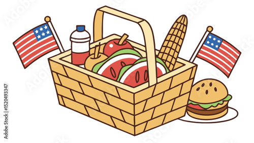 A picnic basket filled with food and drinks with american flags and a burger on a white background