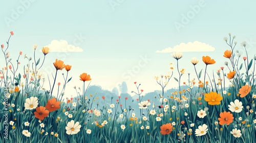 Colorful wildflowers meadow landscape, serene background, perfect for nature-themed designs photo