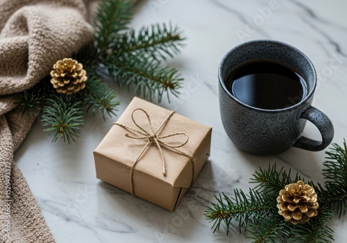 Gift box and coffee mug with christmas decorations on table