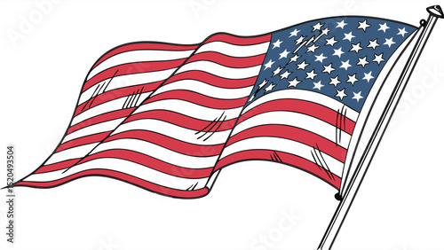 A cartoon illustration of the american flag waving with a pole on a white background design vector