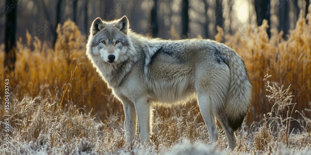 Obraz premium Gray wolf standing in a field of frost-covered grass.