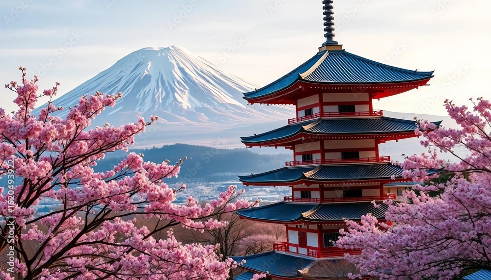 Fototapeta premium Chureito Pagoda, vibrant sakura blossoms, majestic Mount Fuji backdrop, religious site, landmark