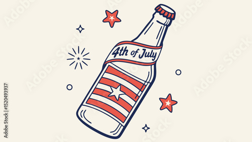 Illustration of a bottle wrapped in a th of july themed banner with stars and fireworks around it