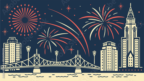 Cityscape with fireworks over bridge and buildings in vector illustration style at night scene view