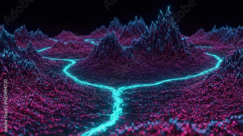 Digital landscape, lit with pink and blue, crossed by river