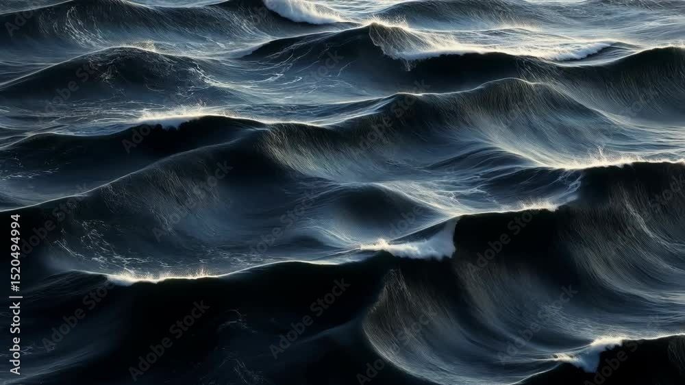 Dark, rolling ocean waves with highlights of sunlight reflecting on crests