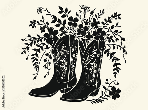 Floral Cowboy Boots Silhouette Art Print for Western and Nature Lovers Decor