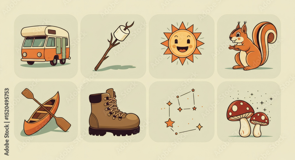 Fototapeta premium Retro Camping and Hiking Illustration Set Vintage Icons of Nature, Adventure, and the Outdoors