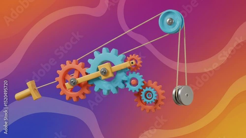 Colorful gear system with pulley and weight on a wave gradient background