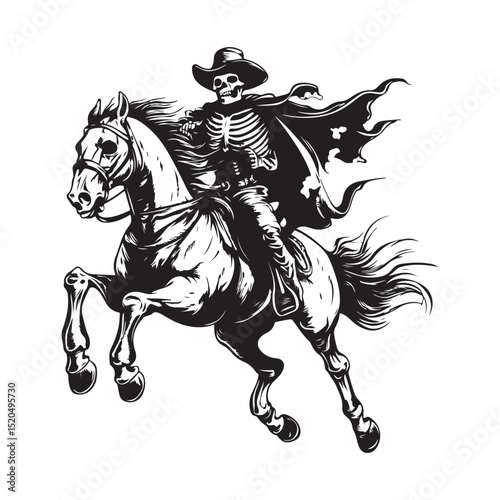 Skeleton riding a spooky ghost horse Image Vector Isolated on white background.