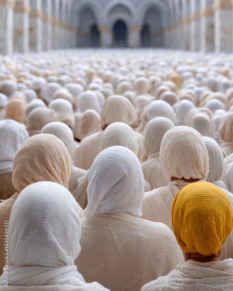 Obraz premium Social Cultural Gathering of Pilgrims in Traditional White Garments Inside Historic Mosque Interior Evoking Unity and Spiritual Reflection