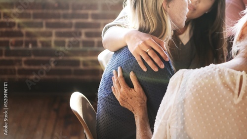 A comforting scene with three women sharing support. One woman embraces another, showing care and empathy. Friendship and support among women is highlighted. Sad woman getting support in group.