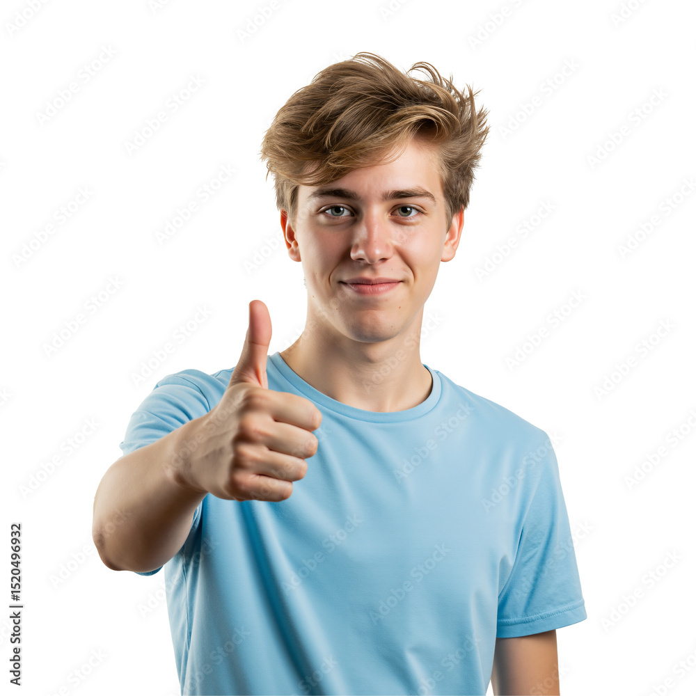 Young Caucasian man with blond hair smiling and giving a thumbs-up gesture. Happy teenage boy in a blue t-shirt showing approval, isolated on a transparent background. Young Caucasian man with blond hair smiling and giving a thumbs-up gesture. Happy teenage boy in a blue t-shirt showing approval, isolated on a transparent background.