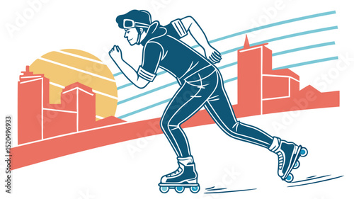 Illustration of man roller skating in city at sunset for fitness and recreation activity concept art