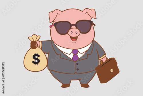 pig cartoon character in suit with money bag