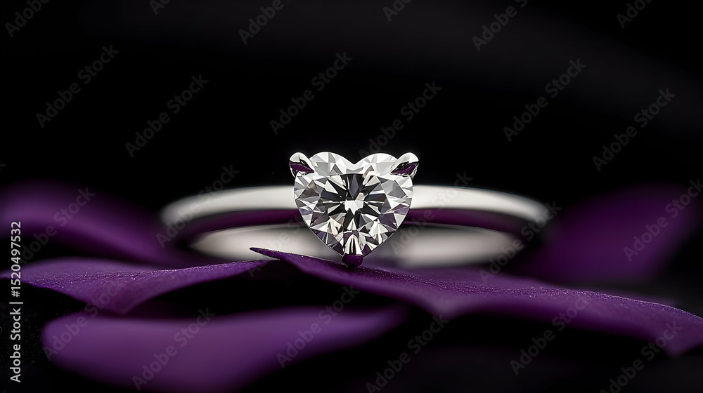 Heart Shaped Diamond Ring On Purple Petals Heart Shaped Diamond Ring On Purple Petals