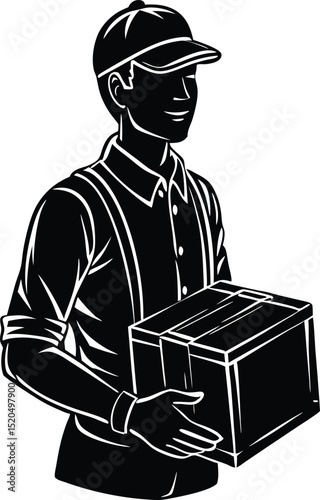 Courier Silhouette Holding Package Box in Uniform Side View