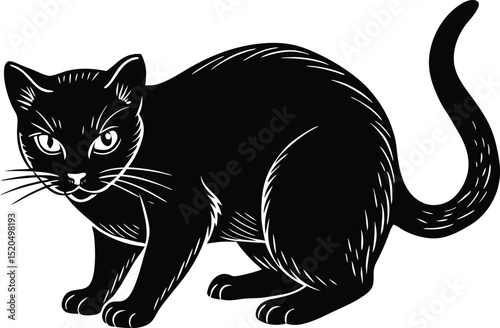 Crouching Black Cat Silhouette Vector, Alert Feline Animal Illustration