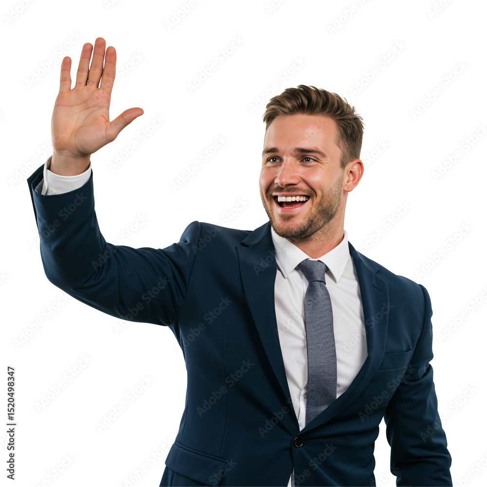 Smiling Young Businessman in Suit Waving Enthusiastically. Portrait of a Friendly Caucasian Male Professional Greeting on Isolated transparent background. Smiling Young Businessman in Suit Waving Enthusiastically. Portrait of a Friendly Caucasian Male Professional Greeting on Isolated transparent background.