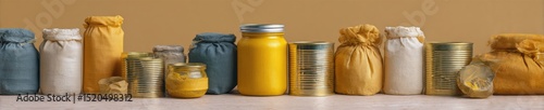Strategic Food Reserve Display with Tinned Goods and Fabric Pouches for Emergency Preparedness and Long-Term Survival Storage Solutions photo