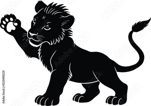 Cute Lion Cub Silhouette Vector, Playful Baby Lion Illustration in Black Style
