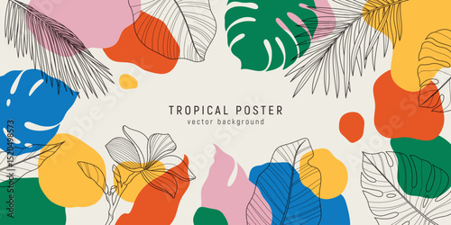 Minimalistic tropical vector background with jungle leaves, floral line drawings, and bright geometric shapes and silhoette plants. Trendy summer vibe illustration.