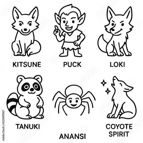 Trickster Mythical Creatures Icons – Mischievous Legends Vector Set photo