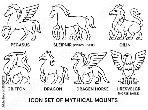 Legendary Mount Icons – Black and White Vector of Mythical Rides