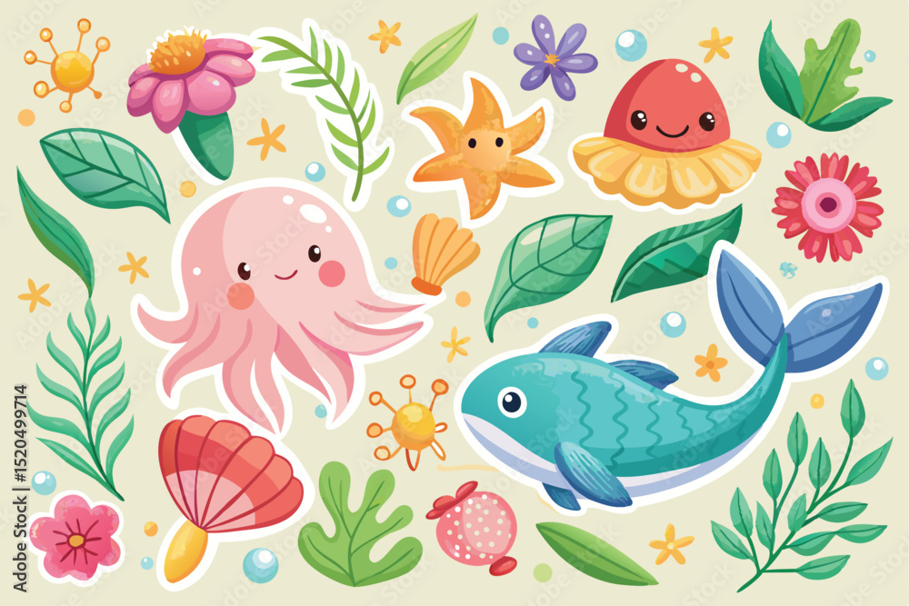 Cute Cartoon Ocean Animals and Flowers Cute Cartoon Ocean Animals and Flowers