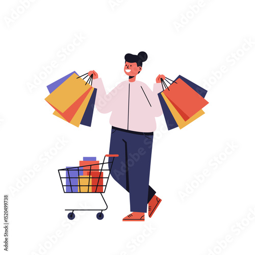 Happy Shopper with Cart and Bags - Vector Illustration