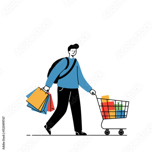Shopping Spree: Man with Cart and Bags Illustration