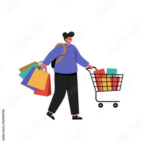 Shopping Spree: Man with Cart and Bags Illustration