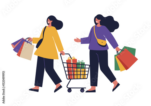 Shopping Spree: Two Women with Cart and Bags Illustration